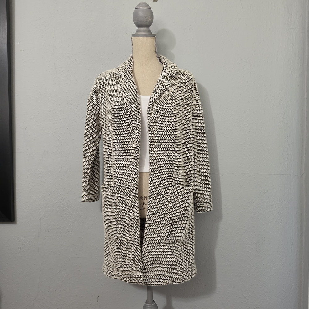 Marine Layer Birdseye Cardigan Collared Boucle Knit Black White Gray Long XS